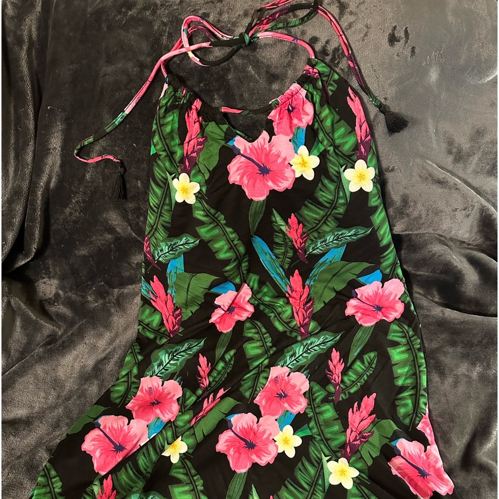 Colleen Lopez Halter Dress Vibrant Hibiscus Rayon Spandex Knee Length Large - Picture 1 of 13